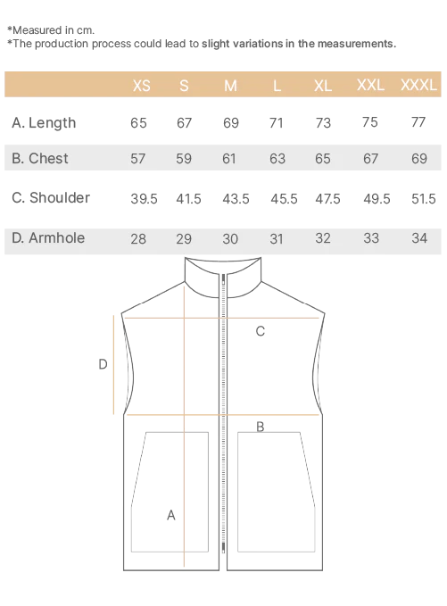 reversible technical city vest WR size chart