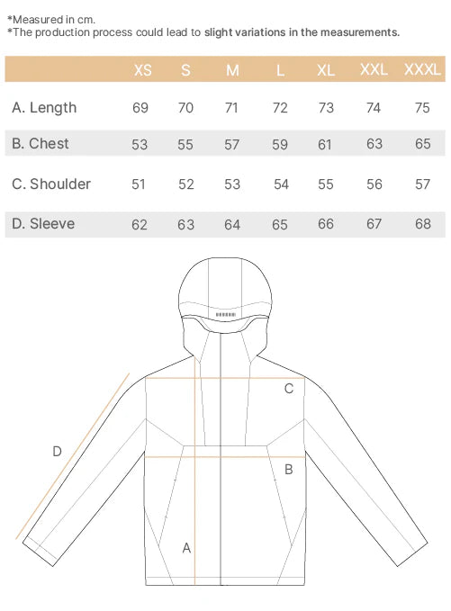 technical jacket WP size chart