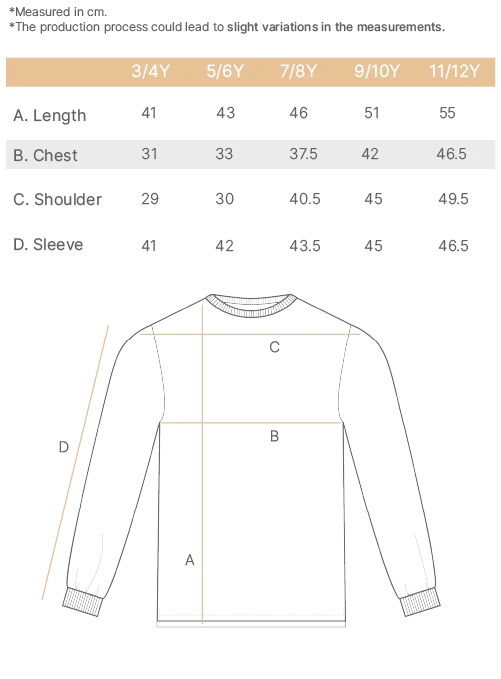 mini basic long sleeve t-shirt with logo size chart